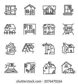 Monochrome old destroyed buildings set line icon vector illustration. Abandoned, broken, damaged, scary, dilapidated house simple linear logo isolated on white. Dilapidated countryside architecture