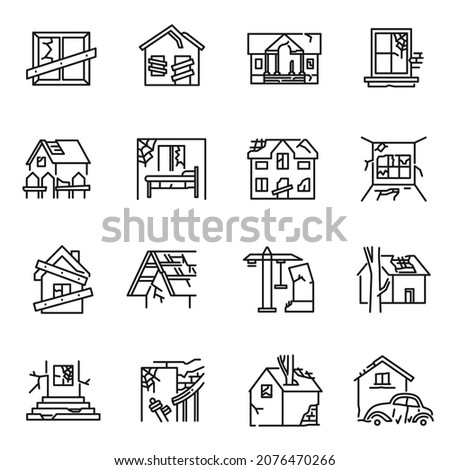 Monochrome old destroyed buildings set line icon vector illustration. Abandoned, broken, damaged, scary, dilapidated house simple linear logo isolated on white. Dilapidated countryside architecture