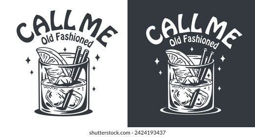 Monochrome old fashioned cocktail with ice, cherry and splash for design of bar menu. American alcohol cocktail with whisky and bourbon for drink party. Tee print.
