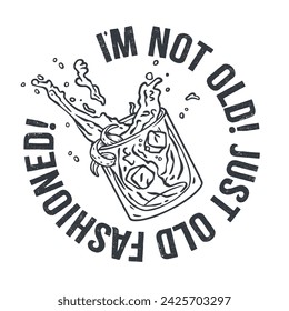 Monochrome old fashioned cocktail with ice, cherry and splash for design of bar menu. American alcohol cocktail with whisky and bourbon for drink party. Tee print.