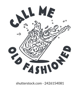 Monochrome old fashioned cocktail with ice, cherry and splash for design of bar menu. American alcohol cocktail with whisky and bourbon for drink party. Tee print.