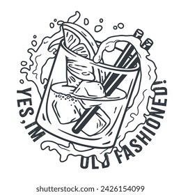 Monochrome old fashioned cocktail with ice, cherry and splash for design of bar menu. American alcohol cocktail with whisky and bourbon for drink party. Tee print.