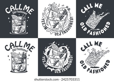 Monochrome Old fashioned cocktail vector set with ice, cherry and splash for design of bar menu. American alcohol cocktail collection with whisky and bourbon for drink party. Tee print.