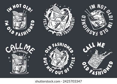 Monochrome Old fashioned cocktail vector set with ice, cherry and splash for design of bar menu. American alcohol cocktail collection with whisky and bourbon for drink party. Tee print.