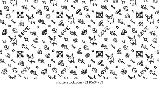 monochrome Old School Style Pattern for Valentine's Day. Background with love symbols 