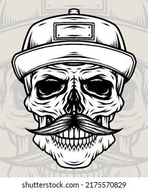 Monochrome Old Skull Gangsta. Premium vector