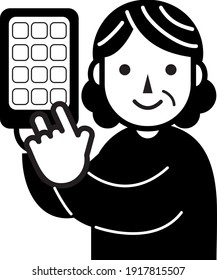 Monochrome old woman holding a smartphone