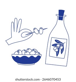 Monochrome Olive Oil Bottle and Olives Illustration Mediterranean Style