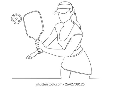 Monochrome one line drawing of a woman playing pickleball. Ideal for sport, pickleball, active lifestyle, and modern graphic design themes.