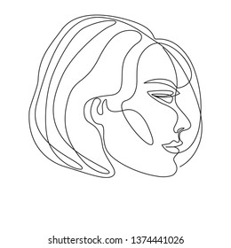 monochrome one line image of profile of a young woman with short hair. continuous line art.