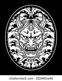 Monochrome oni mask illustration. Premium vector