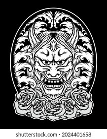Monochrome oni mask japan with roses. Premium vector