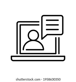 Monochrome online mentoring on screen of computer icon vector illustration. Linear logo of human mentor distance teaching coaching training isolated. Contour symbol of remote internet education