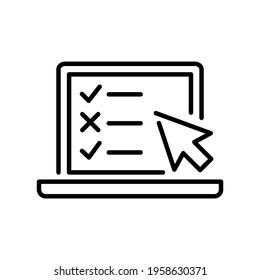 Monochrome online testing icon vector illustration. Outline simple logo computer with internet examination isolated. Educational checklist, taking test, choosing answer at questionnaire form