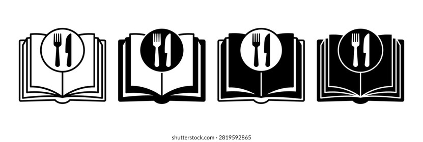 Monochrome open cookbook symbol with fork and knife representing recipes and culinary guides