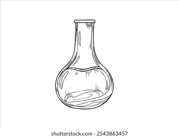 Frascos de vidro aberto monocromático com óleo de perfume orgânico essencial ilustração de esboço gráfico realista. Elemento desenhado à mão pintado por tintas pretas. Para projetos de arte, decoração de casa e design de interiores.