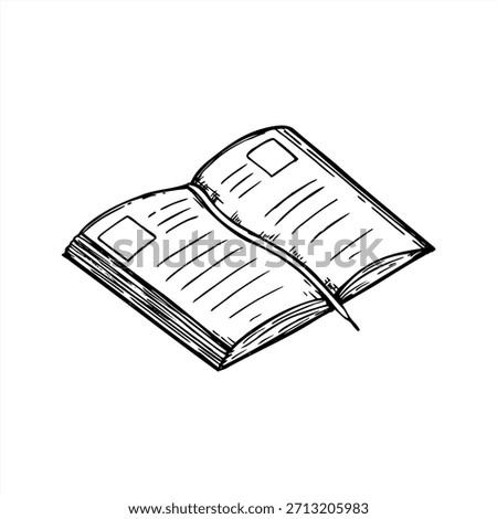 Monochrome open notebook or observation diary with photo frame, space for text, and decorative bookmark vector isolated illustration. template for stationery design, custom photo album creation.