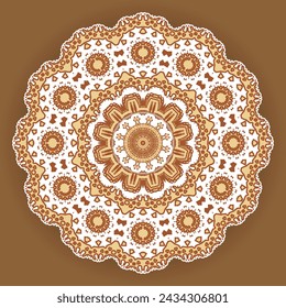 Monochrome openwork mandala in a brown and white palette. Round ornamental composition, decorative element. Vector illustration