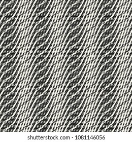 Monochrome Optical Wavy Striped Dashed Textured Background. Seamless Pattern.
