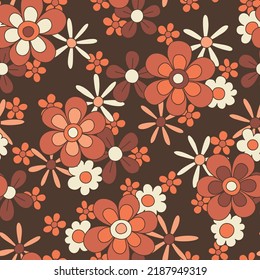 Patrón sin inconvenientes del vector floral monocromo naranja y marrón de gran escala dibujado a mano. Moda nostálgica estilo retro 70 Textil negrita fondo. Impresión de resort de verano. Daisies. Potencia de flor