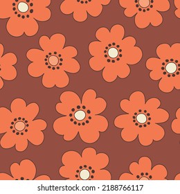 Monochrome Orange and Brown Large Scale Hand-Drawn Floral Vector Seamless Pattern. Retro 70s Style Nostalgic Fashion Textile Bold Background. Summer Resort Print. Daisies. Flower Power