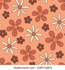 Patrón sin inconvenientes del vector floral monocromo naranja y marrón de gran escala dibujado a mano. Moda nostálgica estilo retro 70 Textil negrita fondo. Impresión de resort de verano. Daisies. Potencia de flor
