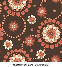 Patrón sin inconvenientes del vector floral monocromo naranja y marrón de gran escala dibujado a mano. Moda nostálgica estilo retro 70 Textil negrita fondo. Impresión de resort de verano. Daisies. Potencia de flor