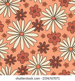 Monochrome Orange and Brown Large Scale Hand-Drawn Floral Vector Seamless Pattern. Retro 70s Style Nostalgic Fashion Textile Bold Background. Summer Resort Print. Daisies. Flower Power