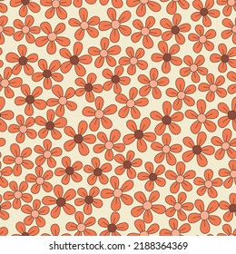 Monochrome Orange and Brown Small Scale Hand-Drawn Floral Vector Seamless Pattern. Retro 70s Style Nostalgic Fashion Textile Bold Background. Summer Resort Print. Daisies. Flower Power