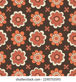 Patrón sin inconvenientes de vectores florales monocromo naranja y marrón de pequeña escala dibujados a mano. Moda nostálgica estilo retro 70 Textil negrita fondo. Impresión de resort de verano. Daisies. Potencia de flor