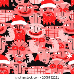 monochrome orange Christmas seamless pattern-psychedelic santa, children, deer,decorations.New Year celebration.Party in the style of the 80s and 90s.Bizarre characters 2022 