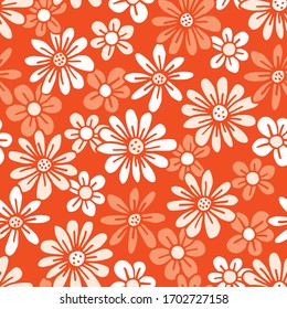 Monochrome Orange Hand Drawn Felt Tip Pen Daisies Background Floral Vector Seamless Pattern. Cream Flowers Design. Bold Large Vintage Blooms Fashion, Textile Trendy Print