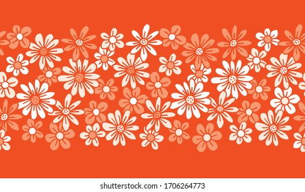 Monochrome Orange Hand Drawn Felt Tip Pen Daisies Background Floral Vector Seamless Horizontal Pattern Border. Cream Flowers Design. Bold Large Vintage Blooms Fashion, Textile Trendy Print