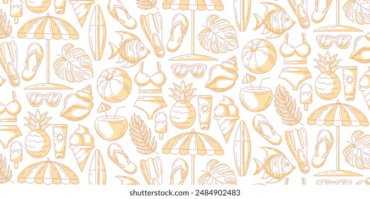 Monochrome orange seamless summer pattern with beach elements. Swimsuit, flip flops, flippers, exotic fish, surfboard, umbrella, coconut cocktail, pineapple. For cover, wrapping paper, textile print