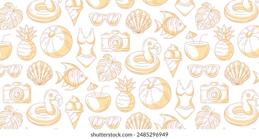 Monochrome orange summer seamless pattern with beach elements. Swimsuit, pineapple, tropical leaves, seashell, sunglasses, fish, flamingo, coconut cocktail. For cover, wrapping paper, textile print