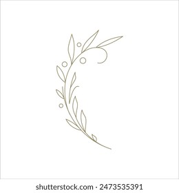 Monochrome organic tree branch with leaves and berries line art decor element for logo vector illustration. Minimalist elegant feminine botanical natural greenery plant hand drawn contoured design