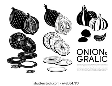 Monochrome organic vegetables icons set with cutting fresh onion and garlic isolated vector illustration