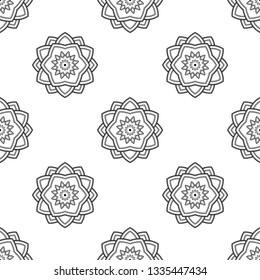 Monochrome oriental bold line floral motif. Allover folk vector pattern for adult colouring book, interior, wallpaper, apparel textile, phone case. Eastern linear flower design in black, white colours