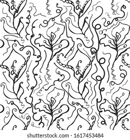 monochrome oriental cute and elegant flowers seamless pattern black on a white background for textile packages of paper contour doodle Digital vector artwork densely and randomly filled picture