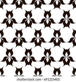 Monochrome oriental floral background. Black and white pattern with art deco-styled iris flowers. Modern print for interior or fashion surface design. Vector seamless repeat.