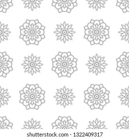 Monochrome oriental flower mandala fabric print. Allover vintage vector pattern for adult colouring book, interior, wallpaper, apparel textile, phone case. Seamless linear floral motif in black, white