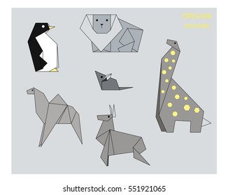 Monochrome origami animals on grey background