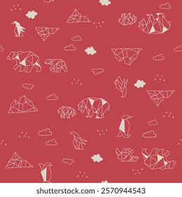 Monochrome, Origami bear, mountain, single color, seamless pattern, textile, clothing, fabric, print, wrapping paper, vector artwork