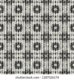 Monochrome Ornamental Checked Graphic Motif Distressed Textured Background. Seamless Pattern.