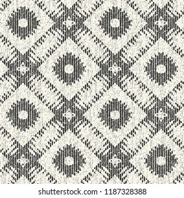 Monochrome Ornamental Checked Graphic Motif Brushed Textured Background. Seamless Pattern.