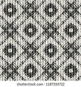 Monochrome Ornamental Checked Graphic Motif Brushed Textured Background. Seamless Pattern.