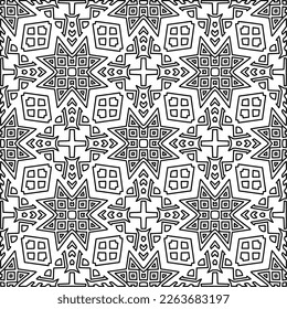  Monochrome ornamental texture with smooth linear shapes, zigzag lines, lace pattern.Abstract geometric black and white pattern for web page, textures, card, poster, fabric, textile.