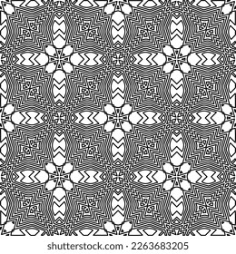 Textura ornamental monocroma con formas lineales lisas, líneas de zigzag, patrón de encaje.Resumen de patrón geométrico en blanco y negro para página web, texturas, tarjeta, afiche, tela, textil.