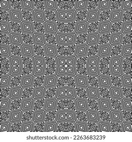 Monochrome ornamental texture with smooth linear shapes, zigzag lines, lace pattern.Abstract geometric black and white pattern for web page, textures, card, poster, fabric, textile.