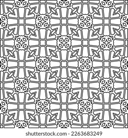 Monochrome Ziertextur mit glatten linearen Formen, Zickzacklinien, Spitzen-Muster.Abstraktes geometrisches Schwarz-Weiß Muster für Webseiten, Texturen, Karten, Poster, Gewebe, Textilien.